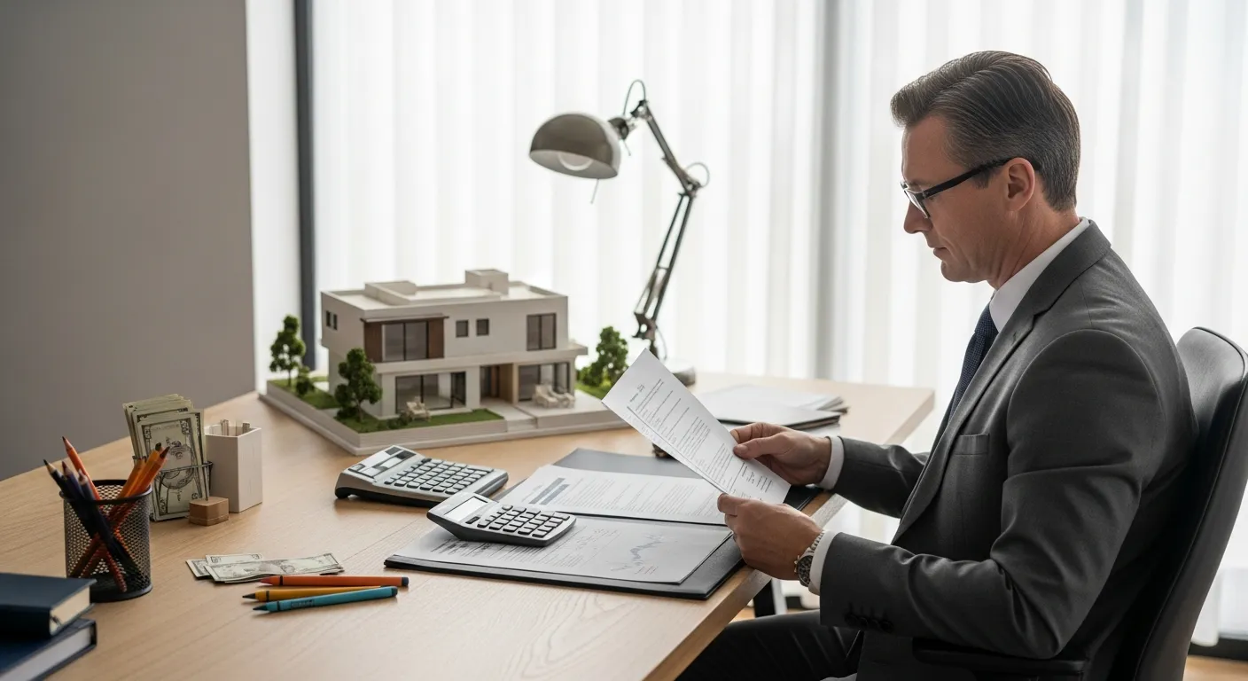 Investisseur inquiet analysant des documents fiscaux avec panneaux d'avertissement