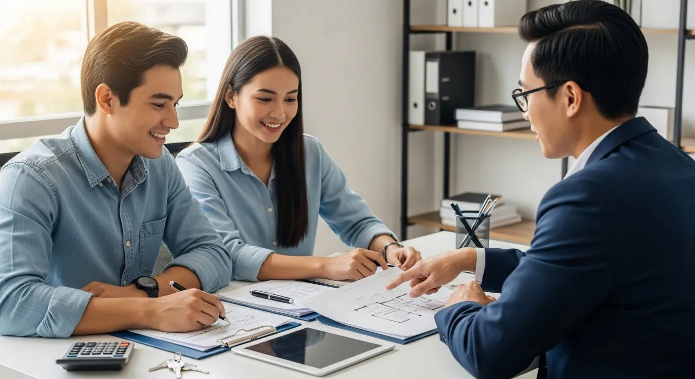 Couple consultant un conseiller pour leur premier investissement locatif